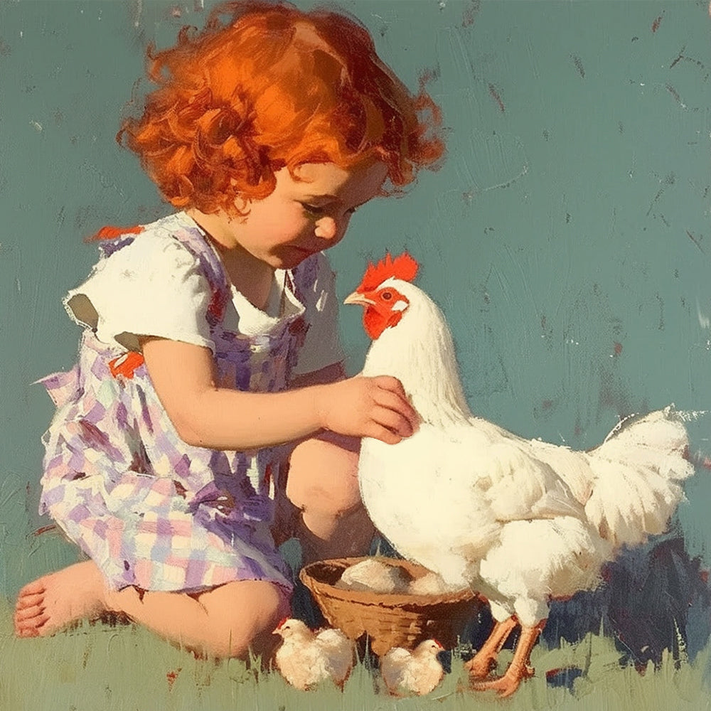 Petite Fille et Poule Blanche Broderie Diamant