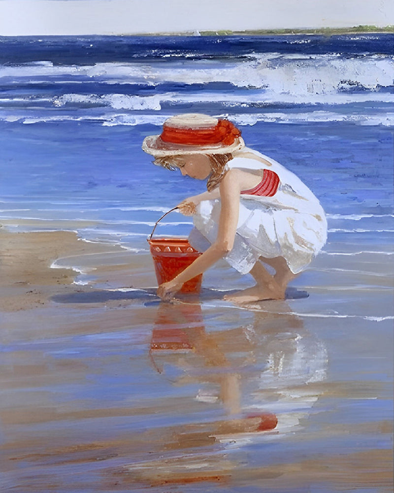 Petite Fille Ramassant des Coquillages au Bord de la Mer Broderie Diamant