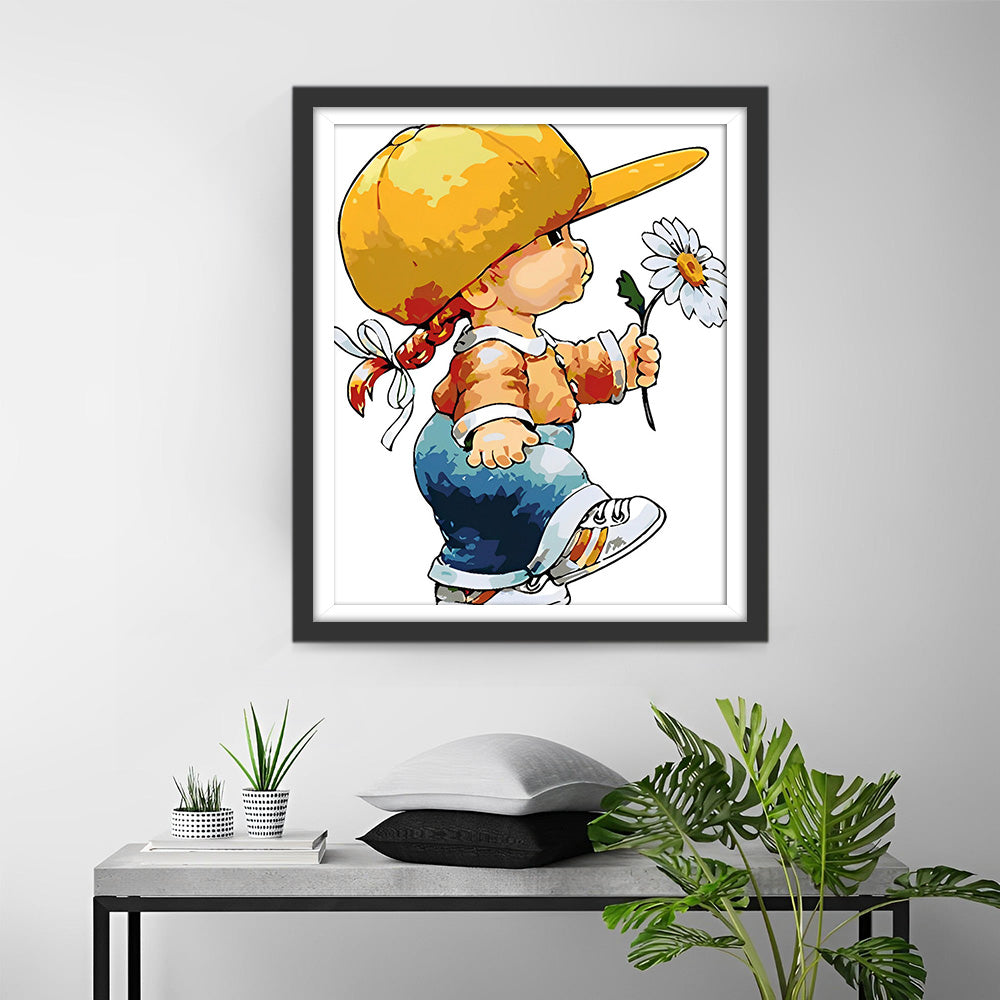 Petite Fille Tenant une Marguerite Broderie Diamant