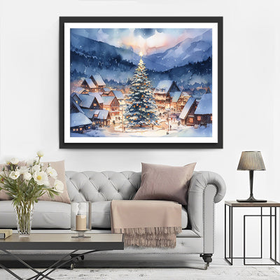 Petite Ville et Grand Sapin de Noël Dans La Neige Broderie Diamant
