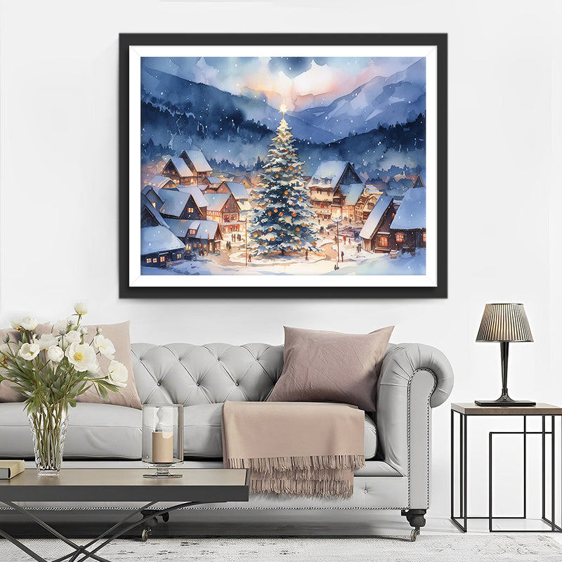 Petite Ville et Grand Sapin de Noël Dans La Neige Broderie Diamant