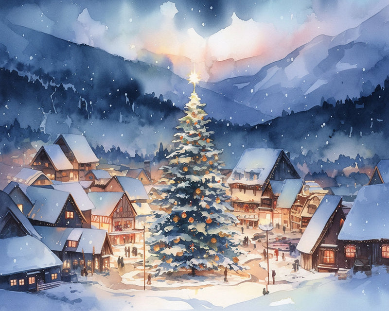 Petite Ville et Grand Sapin de Noël Dans La Neige Broderie Diamant