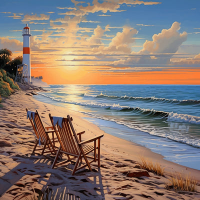 Phare et Chaises au Bord de la Mer Broderie Diamant