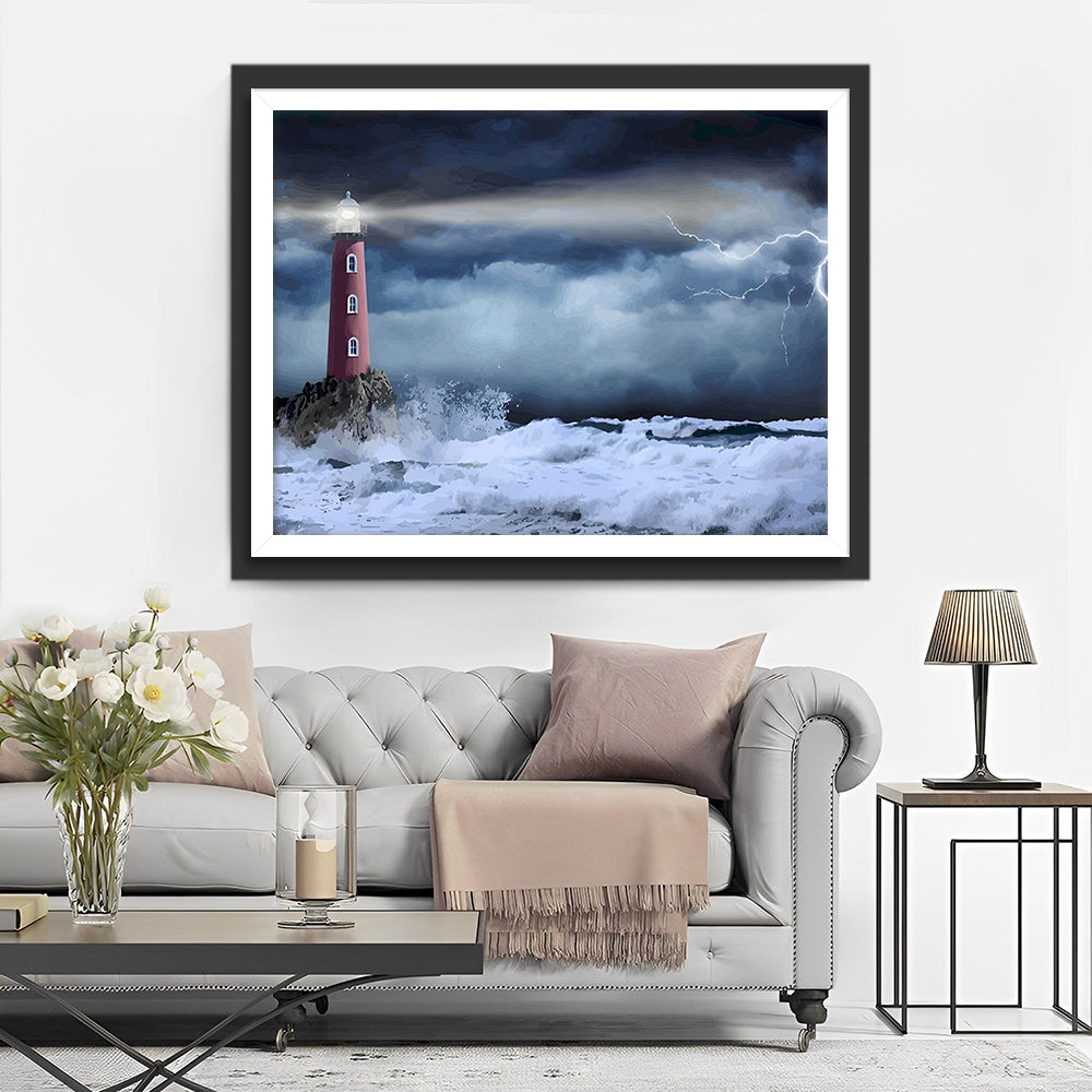 Phare Rouge dans la Tempête Broderie Diamant
