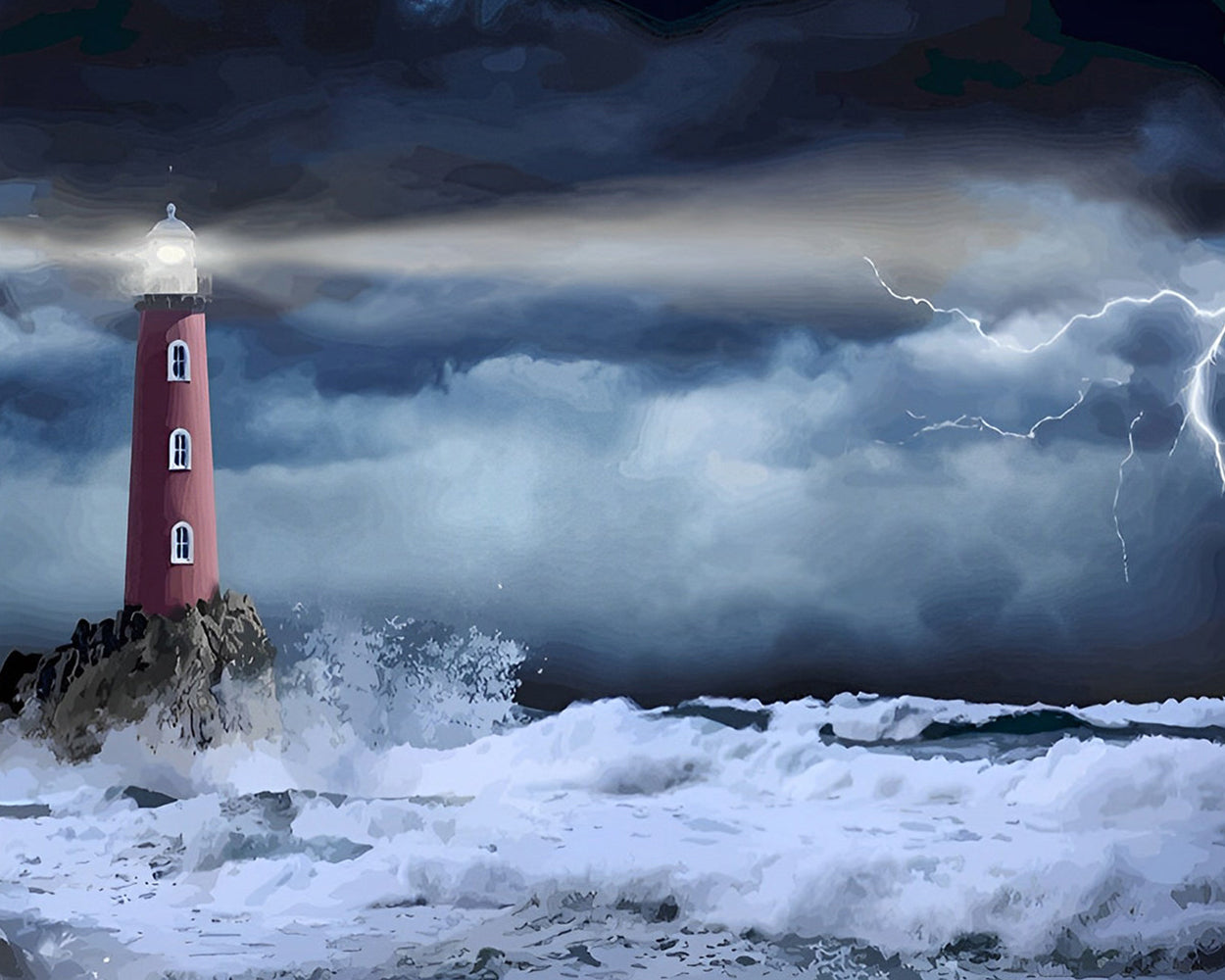 Phare Rouge dans la Tempête Broderie Diamant