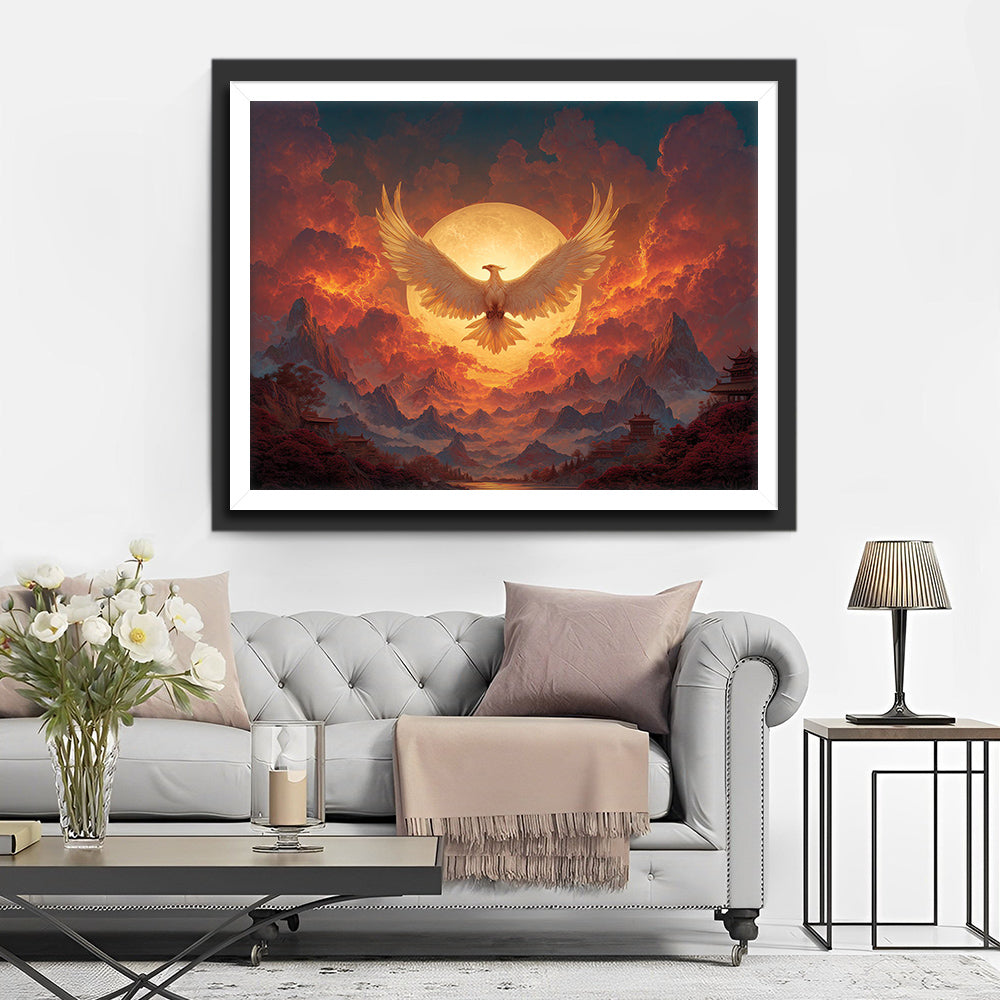 Phénix devant la Pleine Lune et Nuages Rougeoyants Broderie Diamant