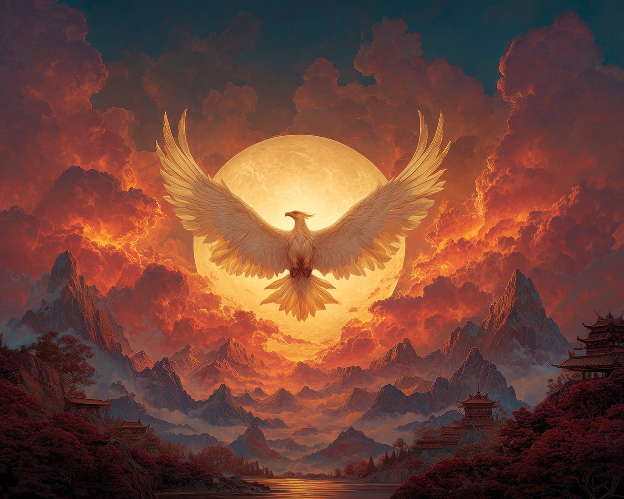 Phénix devant la Pleine Lune et Nuages Rougeoyants Broderie Diamant