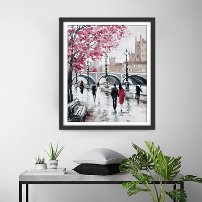 Pietons et Arbre Fleur sur la Rue de la Ville Broderie Diamant