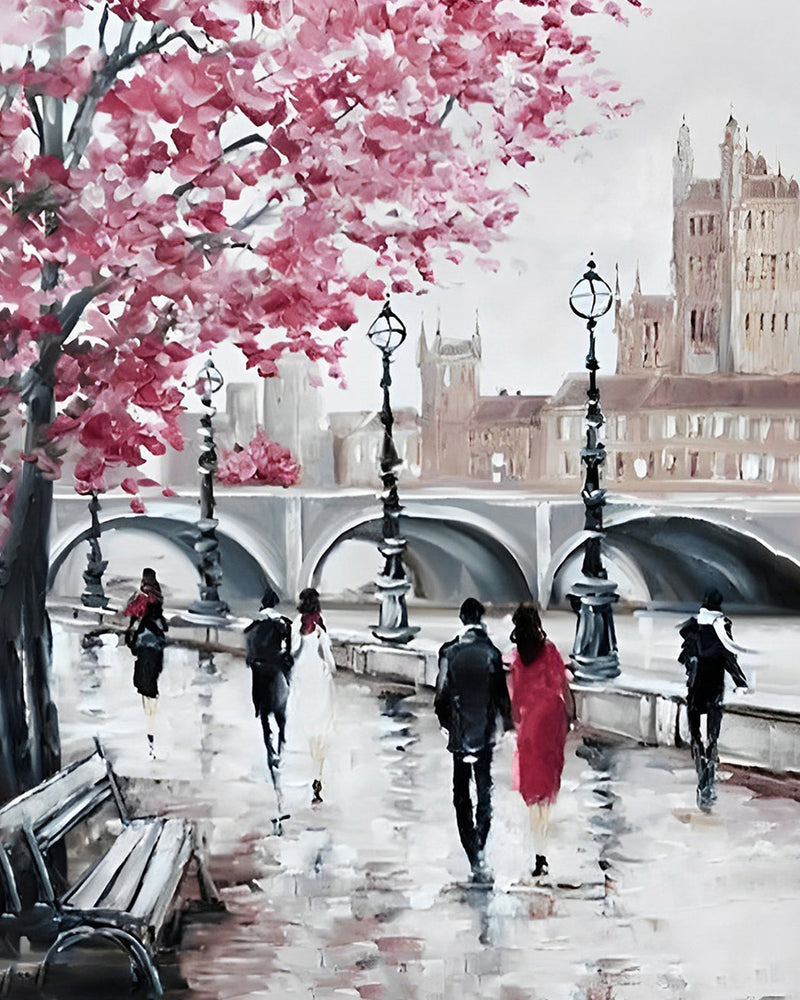 Pietons et Arbre Fleur sur la Rue de la Ville Broderie Diamant
