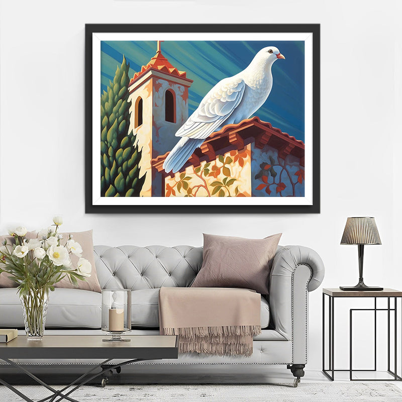Pigeon Blanc et eglise Broderie Diamant