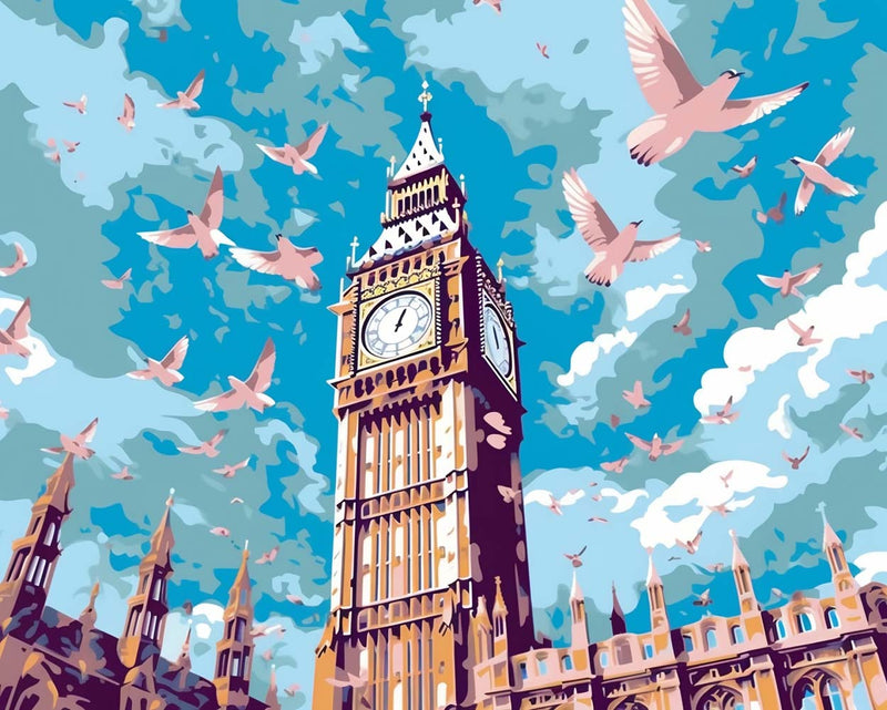 Pigeons et Big Ben Broderie Diamant
