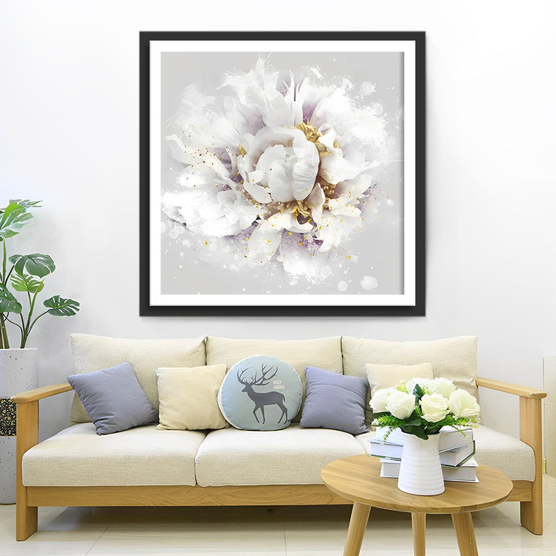 Pivoine Blanche en Pleine Floraison Broderie Diamant