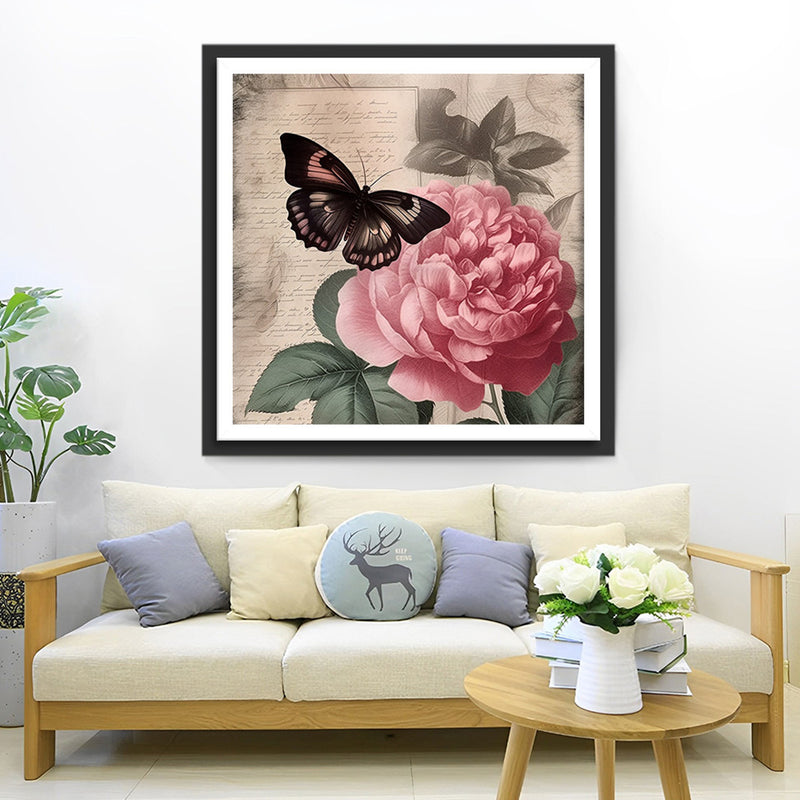 Pivoine Rouge et Papillons Noirs Broderie Diamant