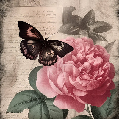 Pivoine Rouge et Papillon Noir sur un Journal Intime Broderie Diamant
