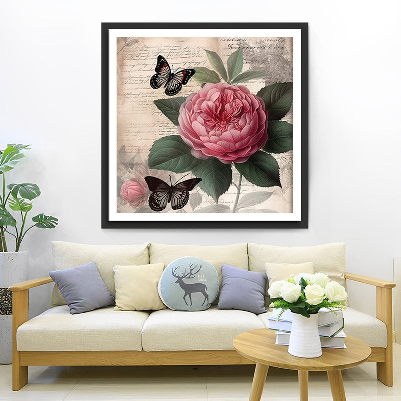 Pivoine Rouge et Papillons Noirs Broderie Diamant