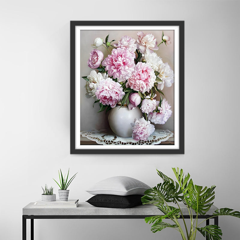 Pivoines Blanches et Roses Broderie Diamant