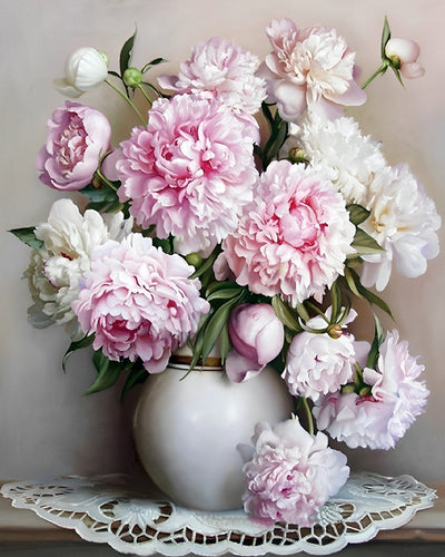 Pivoines Blanches et Roses Broderie Diamant