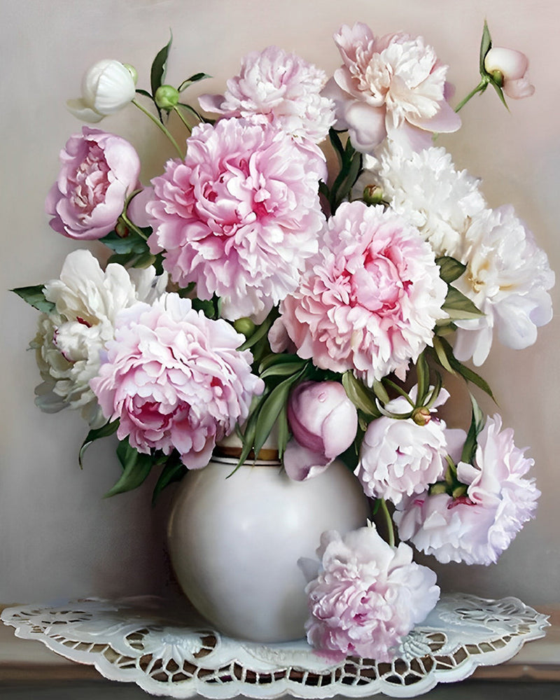 Pivoines Blanches et Roses Broderie Diamant
