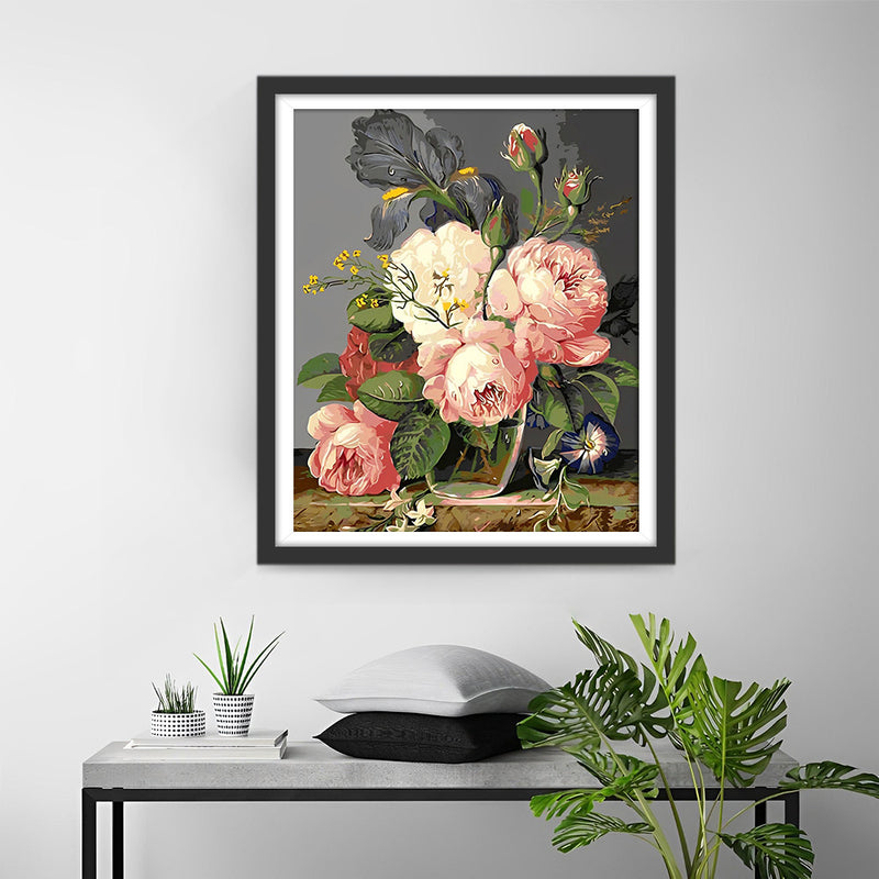 Pivoines dans Bouteille en Verre Broderie Diamant