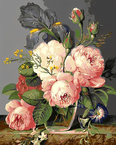 Pivoines dans Bouteille en Verre Broderie Diamant
