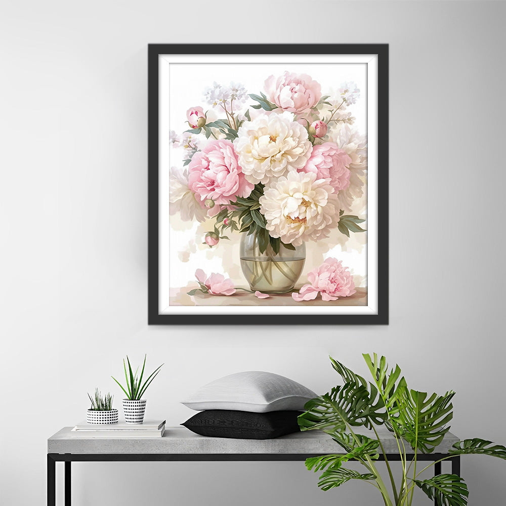Pivoines dans un Vase en Verre Broderie Diamant