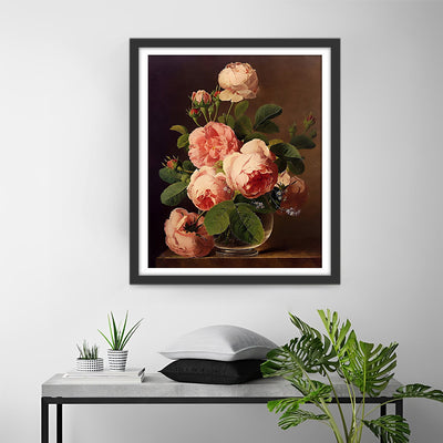 Pivoines Roses dans Vase en Verre Broderie Diamant