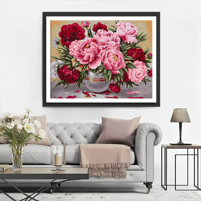 Pivoines Roses et Rouges dans un Vase en Verre Broderie Diamant