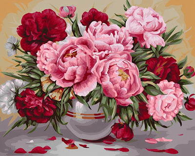 Pivoines Roses et Rouges dans un Vase en Verre Broderie Diamant
