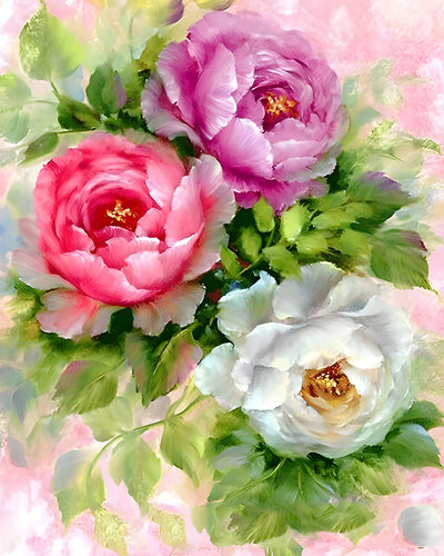Pivoines Roses, Rouges et Blanches Broderie Diamant