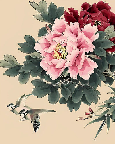 Pivoines Rouges et Roses Broderie Diamant