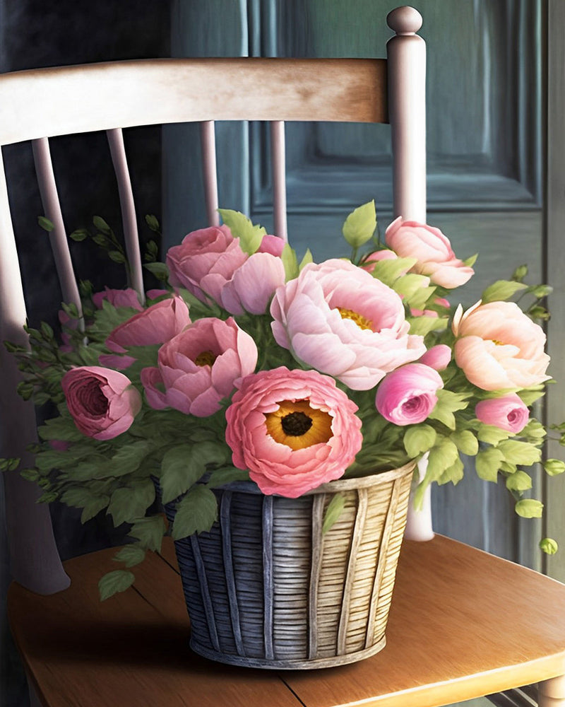 Pivoines sur une Chaise Broderie Diamant