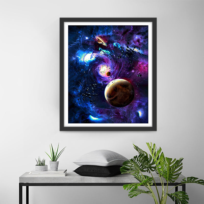 Planètes Violettes et Nuages Spatiaux Broderie Diamant