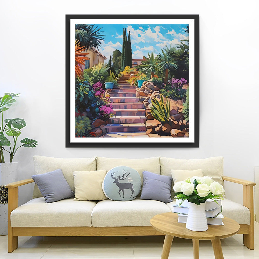 Plantes Vertes sur les Marches en Pierre Broderie Diamant