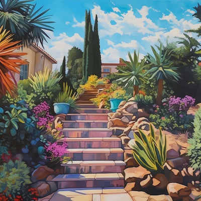 Plantes Vertes sur les Marches en Pierre Broderie Diamant
