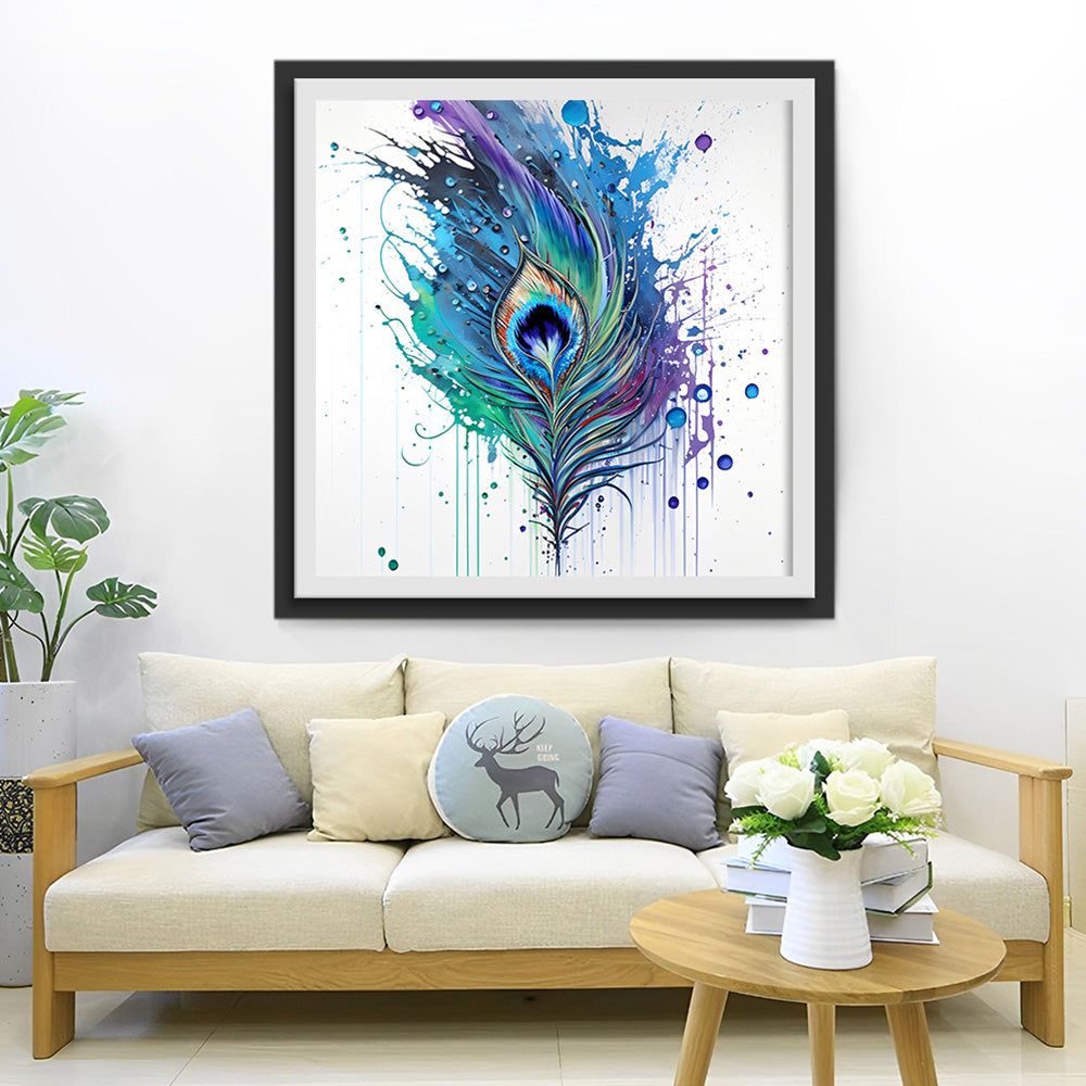 Plume de Queue de Paon Bleu-Vert Broderie Diamant