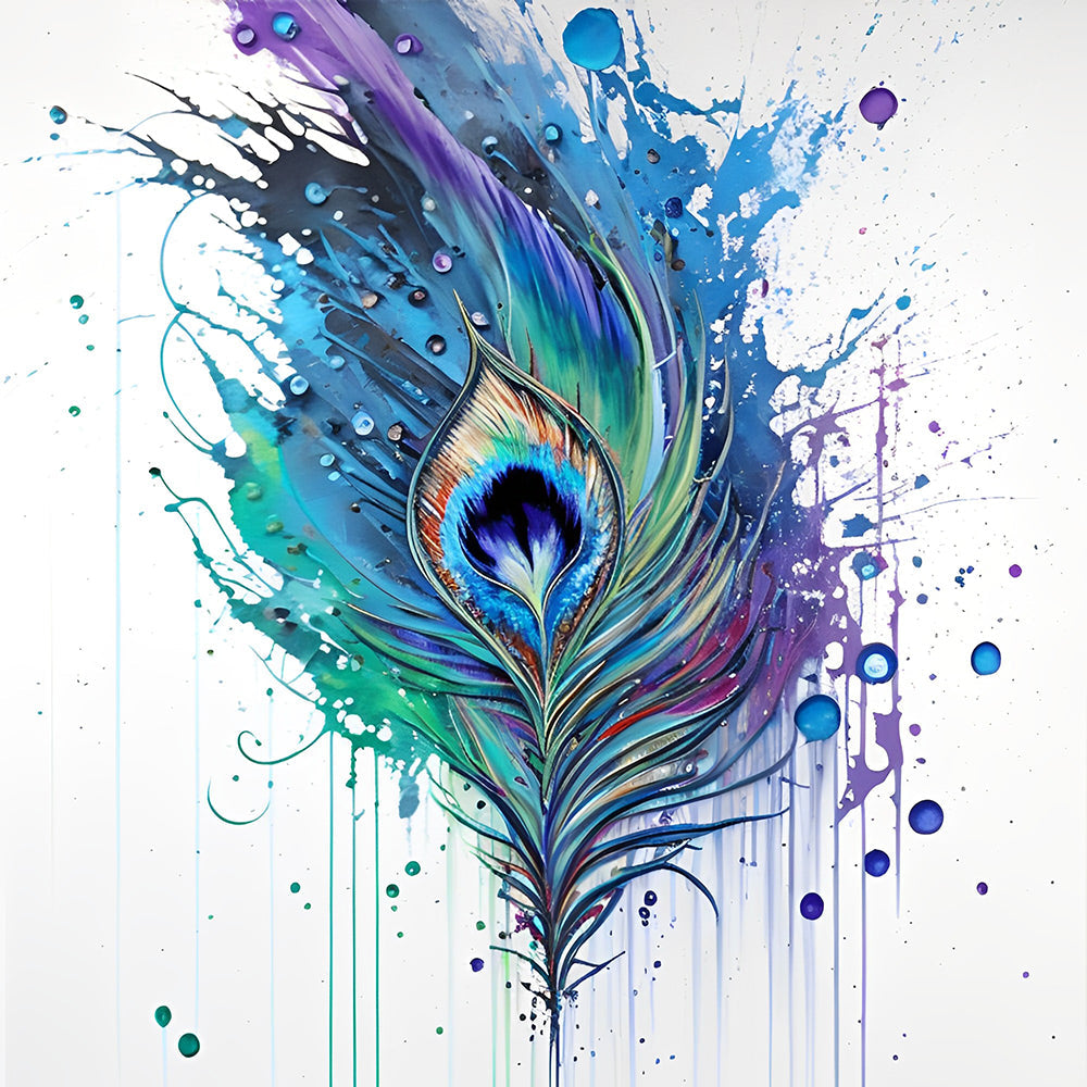 Plume de Queue de Paon Bleu-Vert Broderie Diamant