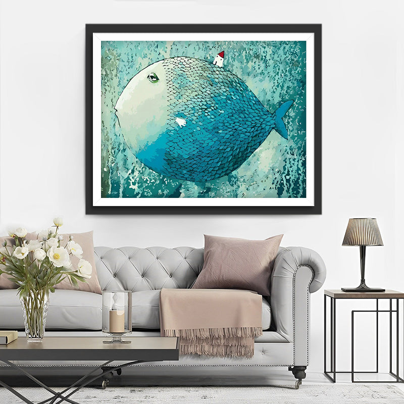 Poisson Bleu Geant et Petite Maison Broderie Diamant