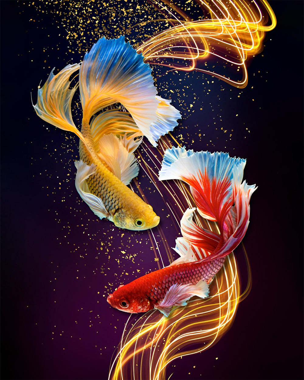 Poisson Combattant Doré et Rouge Broderie Diamant