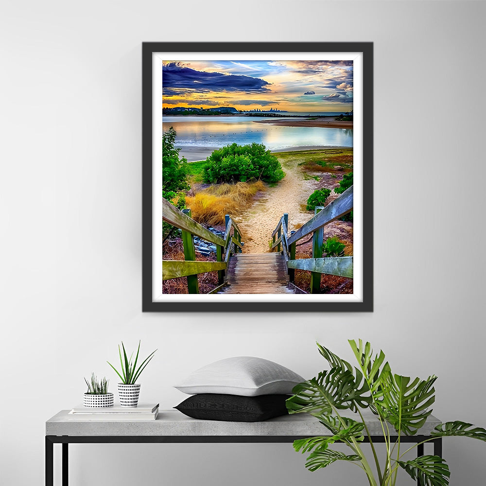 Pont en Bois au Bord du Lac Broderie Diamant