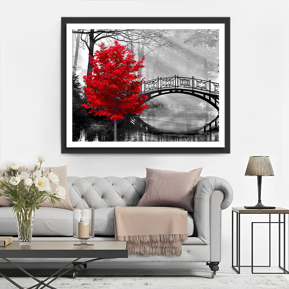 Pont et Arbre Rouge dans la Forêt Broderie Diamant