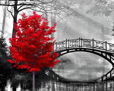 Pont et Arbre Rouge dans la Forêt Broderie Diamant