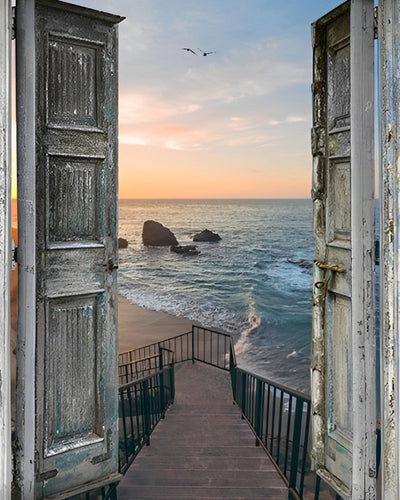Porte en Bois et Marches au Bord de la Mer Broderie Diamant