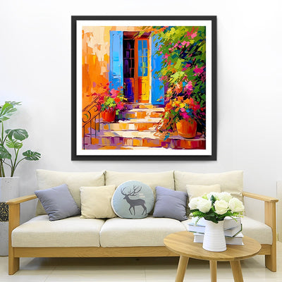 Pots de Fleurs devant la Porte Bleue Broderie Diamant