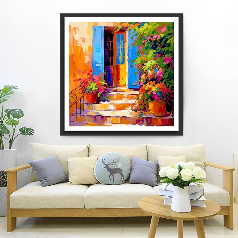 Pots de Fleurs devant la Porte Bleue Broderie Diamant