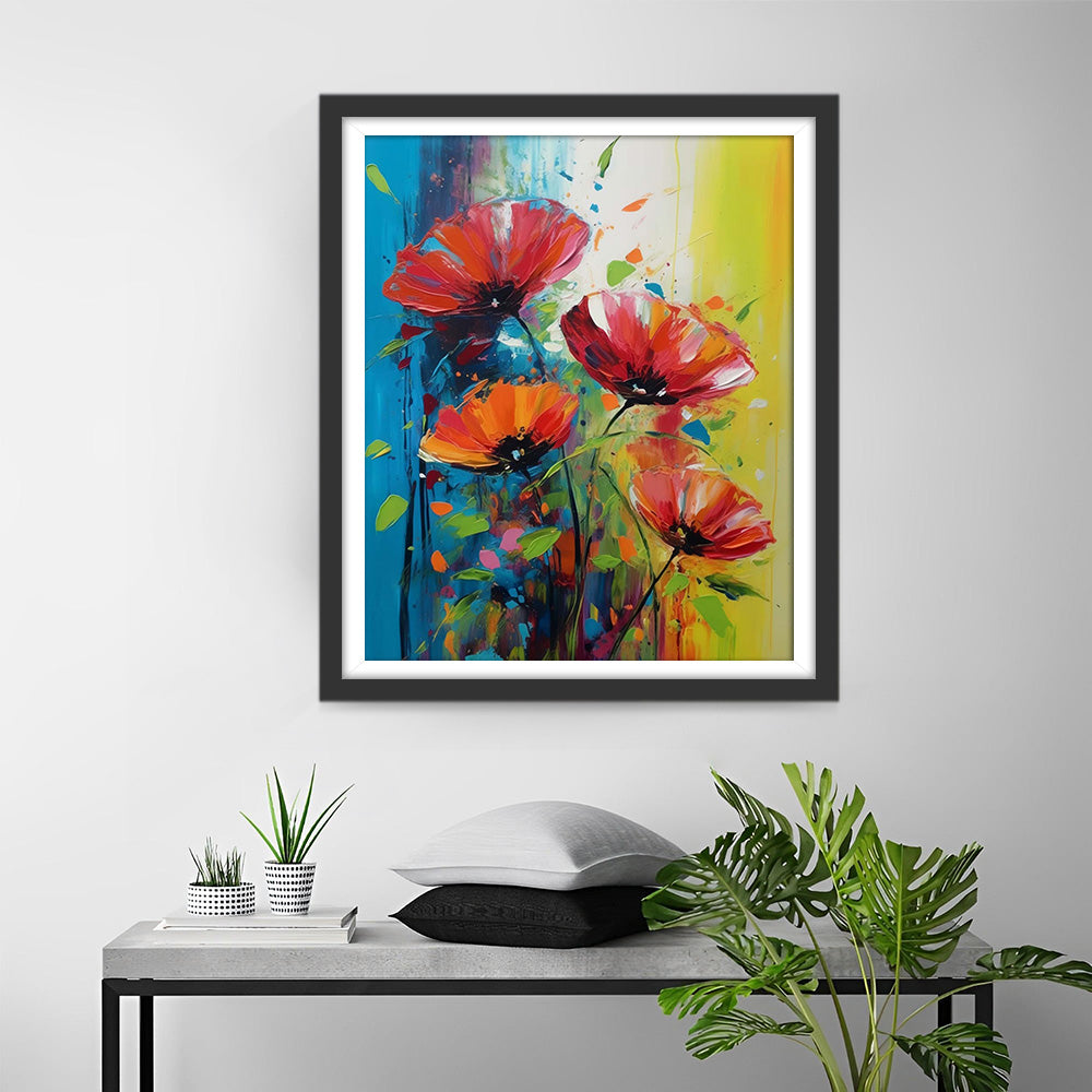 Quatre Coquelicots Rouges Broderie Diamant