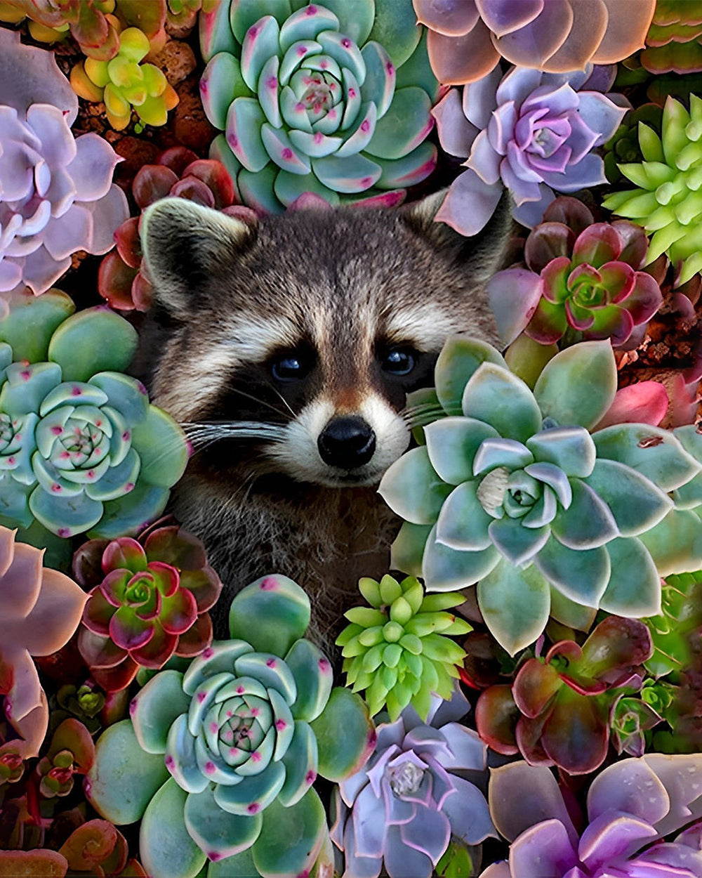 Raton Laveur parmi les Plantes Succulentes Broderie Diamant