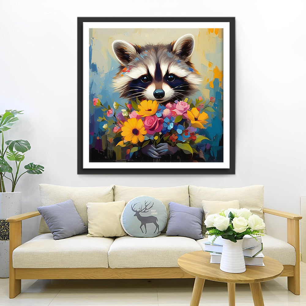 Raton Laveur Tenant un Bouquet Broderie Diamant