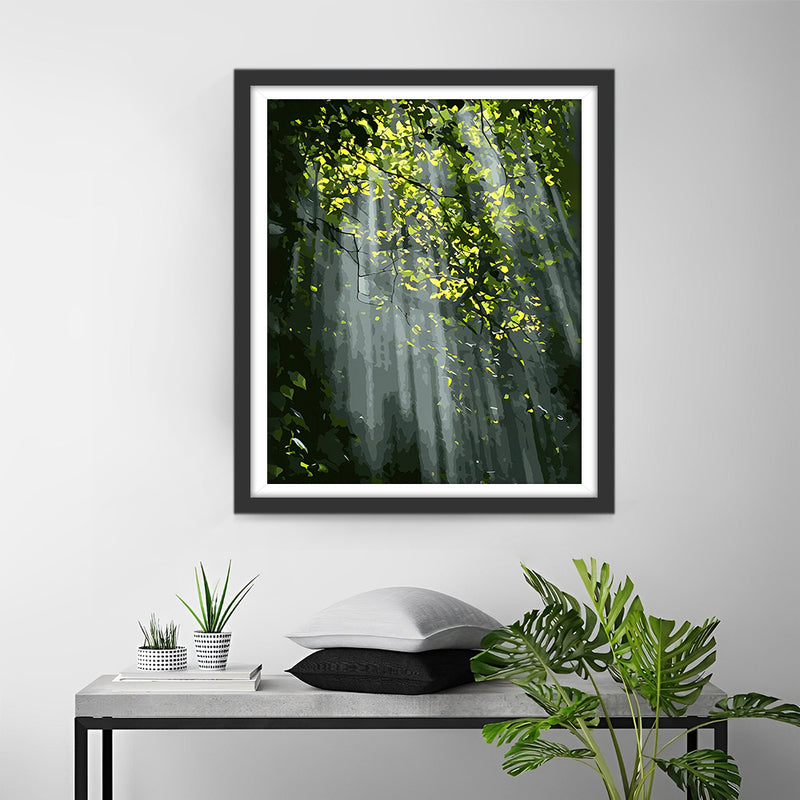 Rayons de Soleil à Travers la Forêt Verte Broderie Diamant