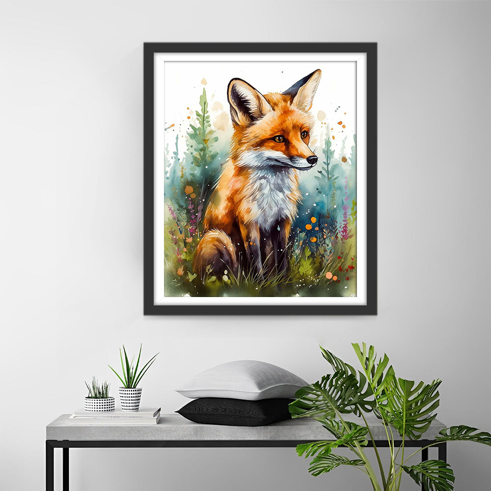 Renard Aquarelle et Herbe Broderie Diamant