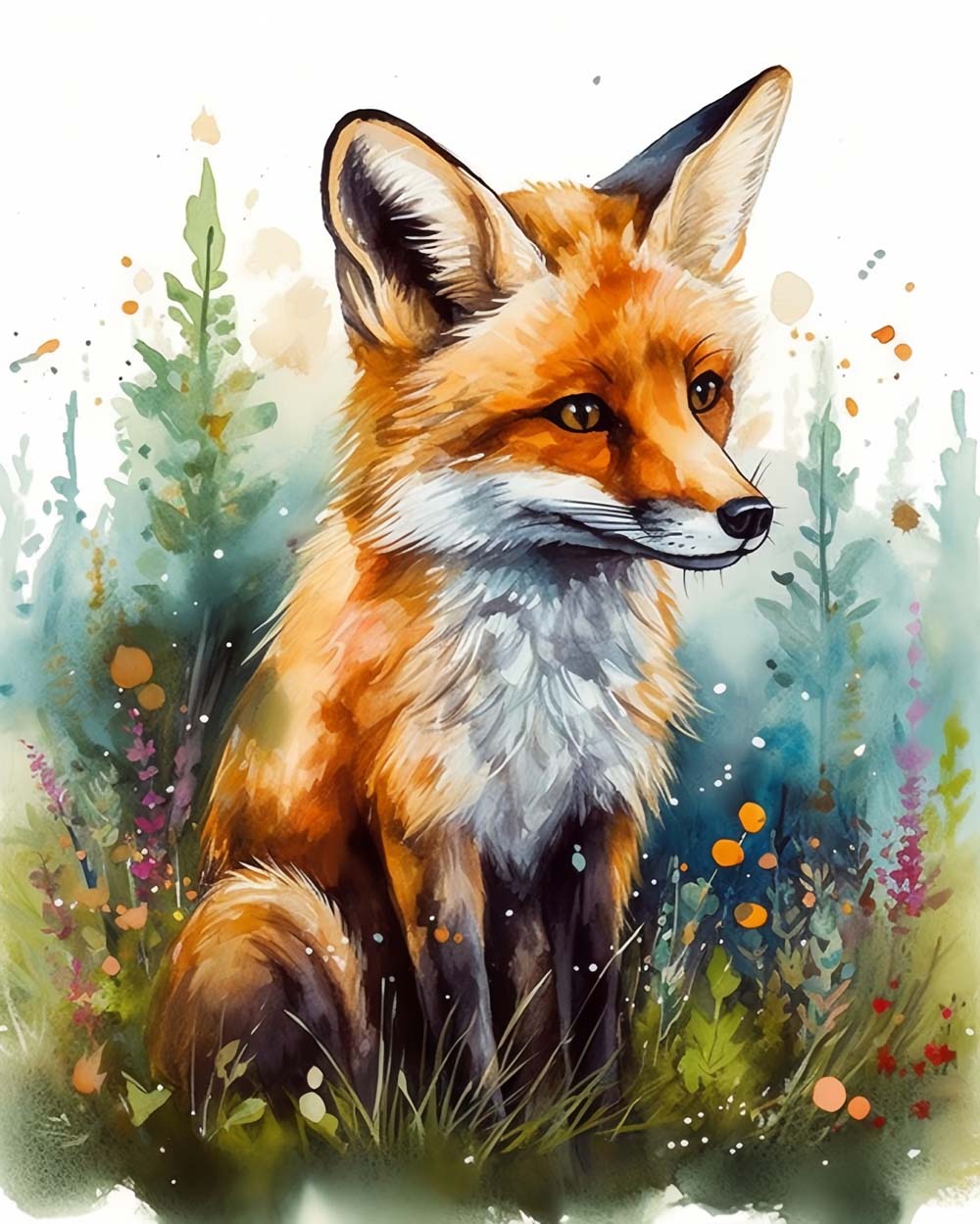 Renard Aquarelle et Herbe Broderie Diamant
